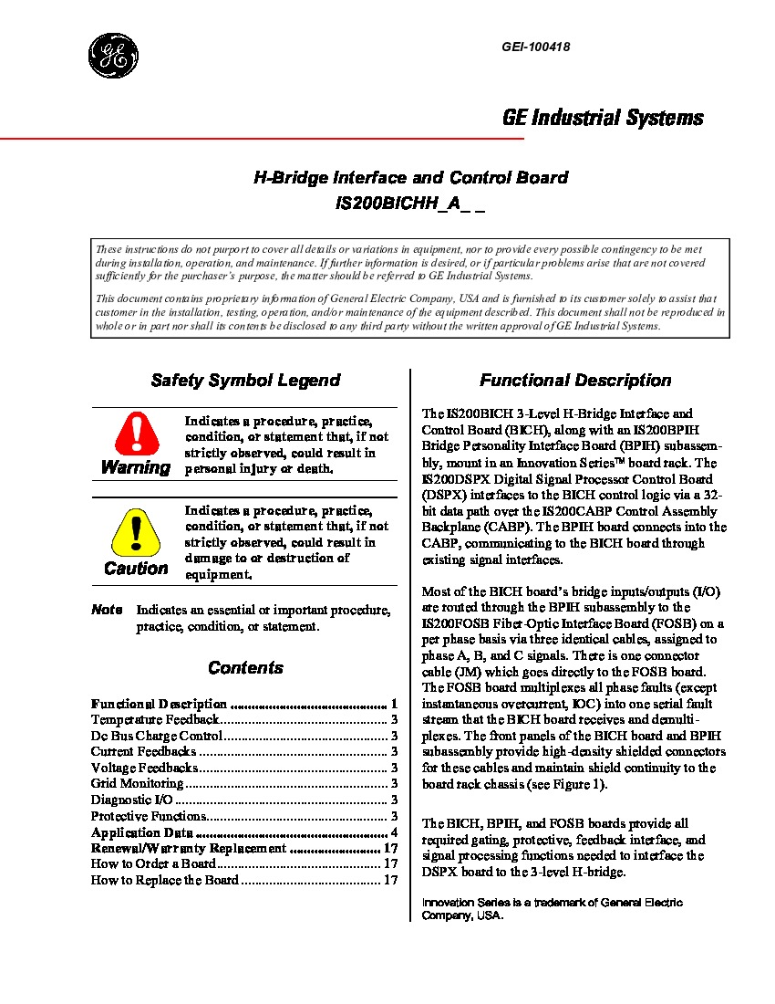 First Page Image of IS200BICH H-Bridge Interface and Control Board Application Data.pdf